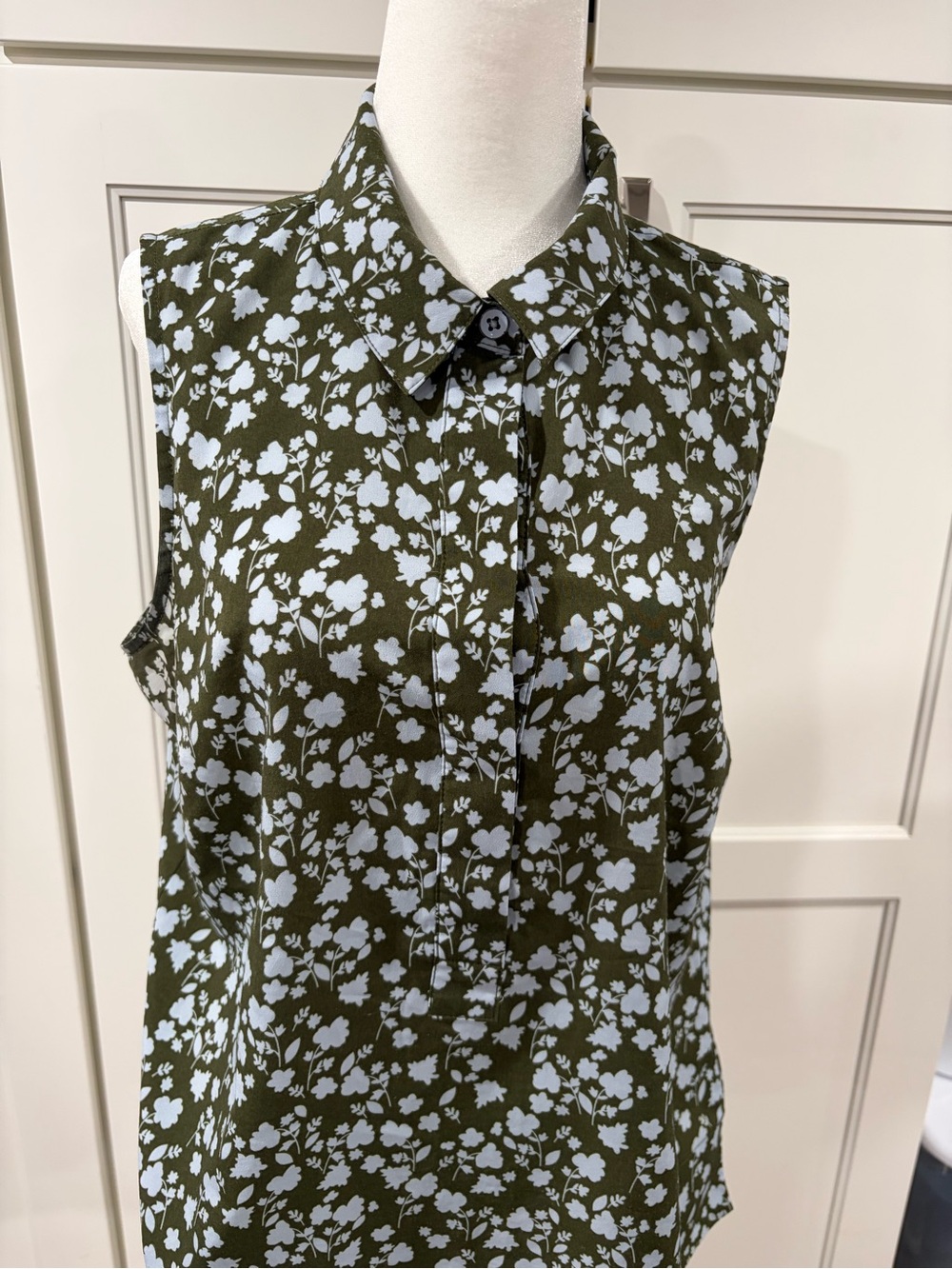 Cabi Keepsake Blouse featuring a Sage Green and Blue Floral Print.